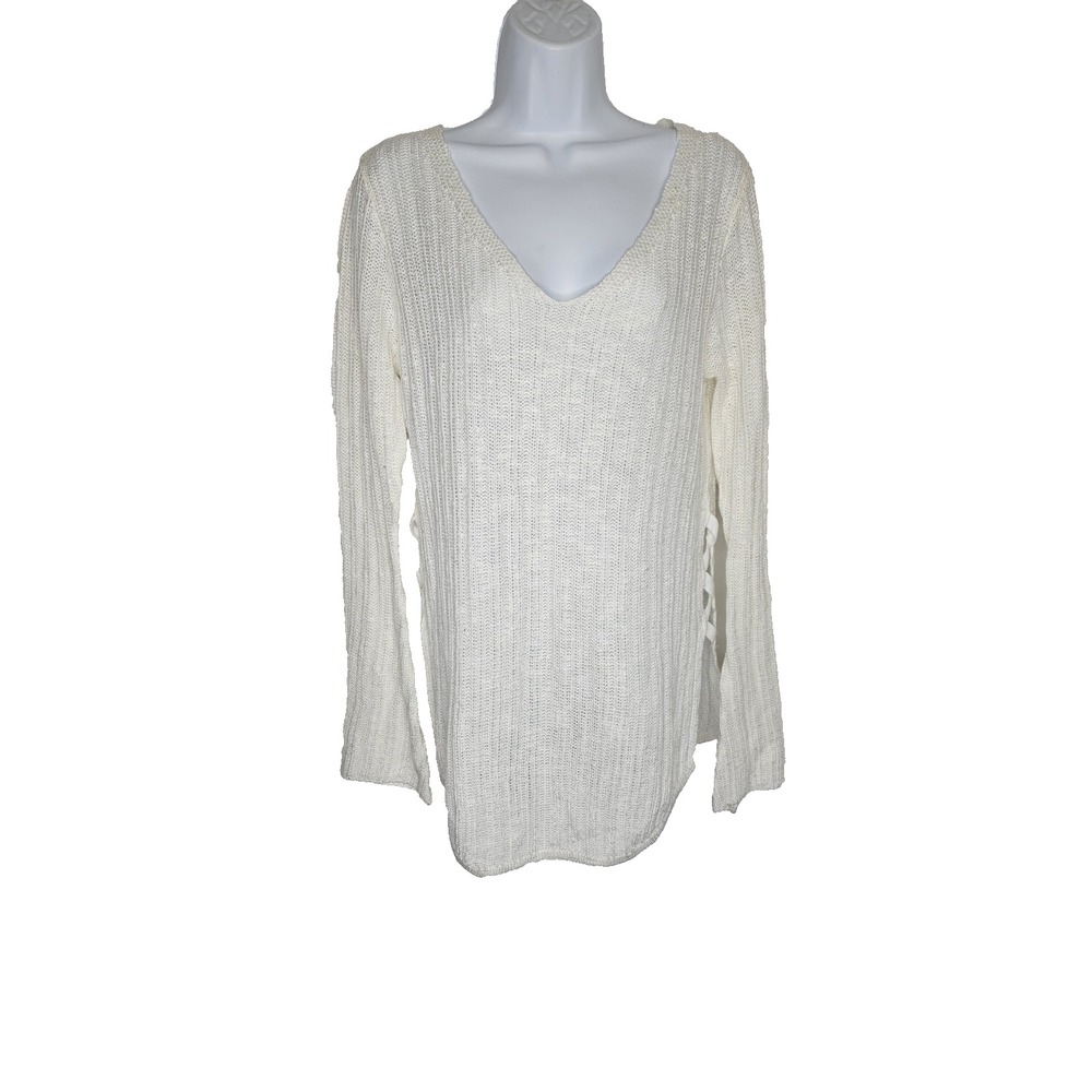 Poof Women's Sweater Large White Knit Long Sleeve V-Neck Lace‎ Up Sides Pullover
